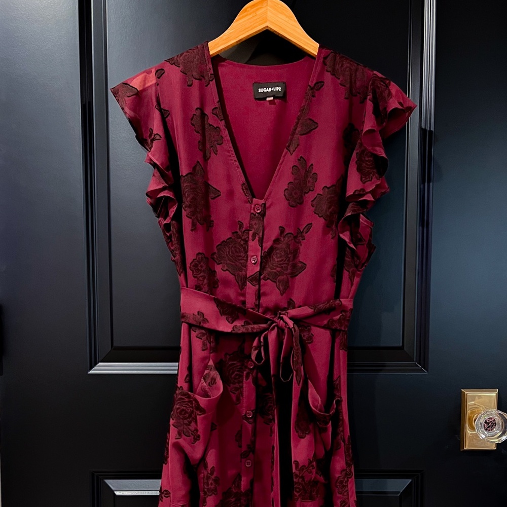 Merlot Midi Dress with Black Floral detailing